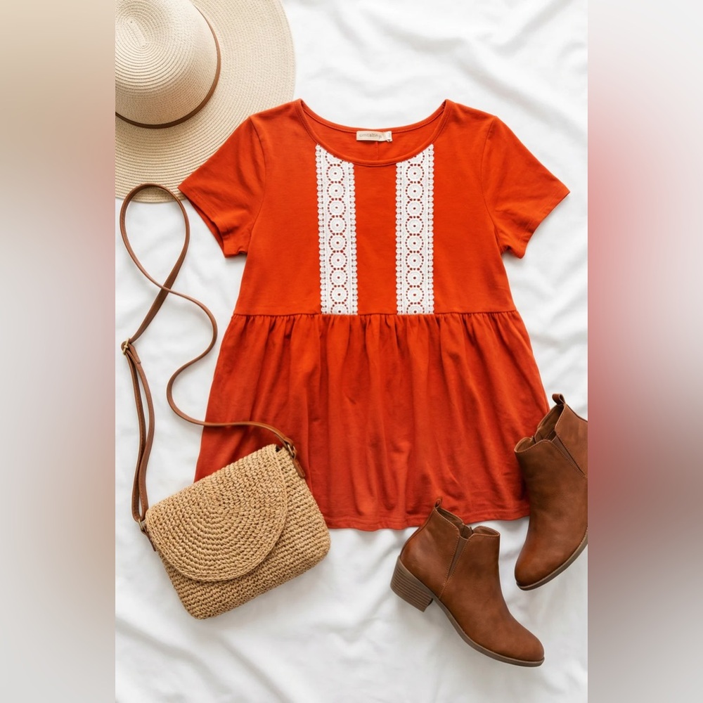 083 And The Why Dark‎ Coral Crochet Detail Short Sleeve Babydoll Top